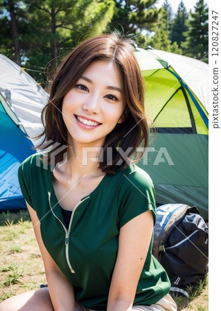 Smiling woman in front of a tent 120827247