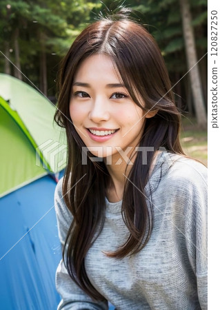 一個女人在露營地放鬆 一個女人在露營地放鬆 120827250