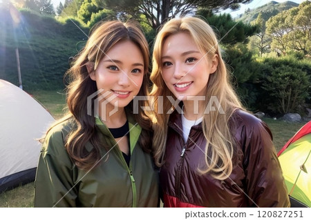 Two smiling women at camp 120827251