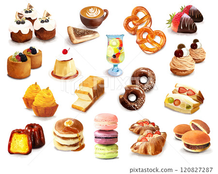 Assortment of hand-drawn illustrations of sweets and baked goods 120827287