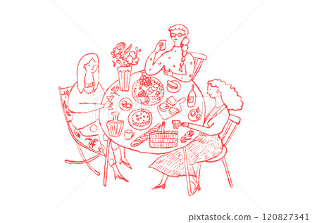婦女圍著桌子吃飯的手繪插圖 120827341