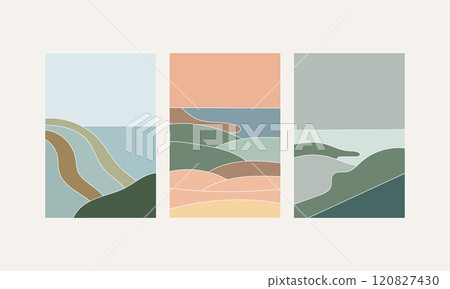 Vector illustration. Three abstract panels depicting hills by the sea. Predominant are blue, turquoise and sand tones, symbolizing water, earth and nature. Vector illustration. Three abstract panels depicting hills by the sea. Predominant are blue, turquoise and sand tones, symbolizing water, earth and nature. 120827430