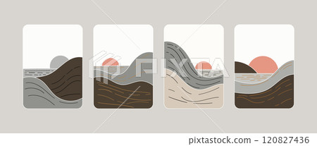 Vector illustration. Landscape with soft hills and warm sunset light. Brown, beige and pastel colors are used, creating a cozy and harmonious image. Vector illustration. Landscape with soft hills and warm sunset light. Brown, beige and pastel colors are used, creating a cozy and harmonious image. 120827436