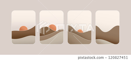 Composition with soft beige and brown waves depicting sand dunes at sunset. Warm minimalist design in a natural palette. Composition with soft beige and brown waves depicting sand dunes at sunset. Warm minimalist design in a natural palette. 120827451
