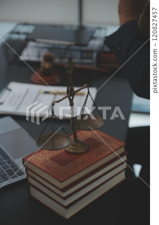 Law theme, gavel or mallet of the judge, lawyer enforcement officers, evidence-based cases taken into account in the court abount business, legislation. 120827457