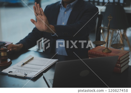 Law theme, gavel or mallet of the judge, lawyer enforcement officers, evidence-based cases taken into account in the court abount business, legislation. 120827458