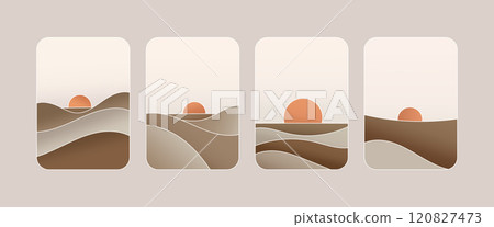 Composition with soft beige and brown waves depicting sand dunes at sunset. Warm minimalist design in a natural palette. Composition with soft beige and brown waves depicting sand dunes at sunset. Warm minimalist design in a natural palette. 120827473