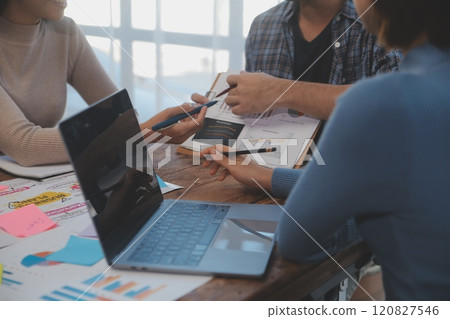 Team of business people working together in the meeting room office, teamwork background charts and graphs banner, double exposure successful teamwork,business planning concept. 120827546