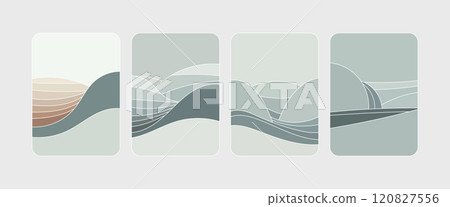 Vector illustration. Abstract lines resembling waves or contours of hills, depicted in a soft pastel palette. Simplicity and elegance create a feeling of harmony. 120827556