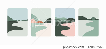 Vector illustration. Abstract forms depicting water bodies and horizon lines, with an emphasis on pastel shades of blue, brown and green. Vector illustration. Abstract forms depicting water bodies and horizon lines, with an emphasis on pastel shades of blue, brown and green. 120827566