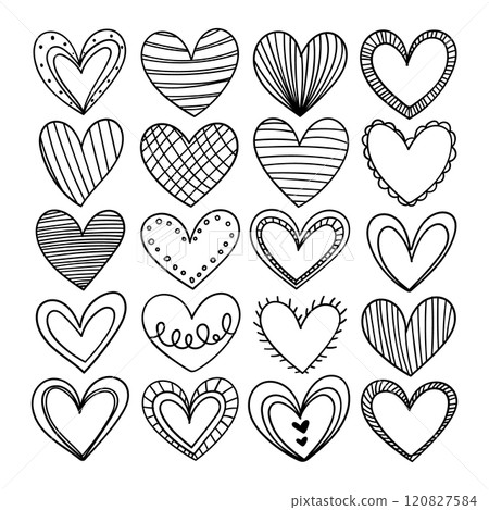 Vector illustration. A collection of black and white hearts with various patterns stripes, checkered, dots, zigzags. 120827584