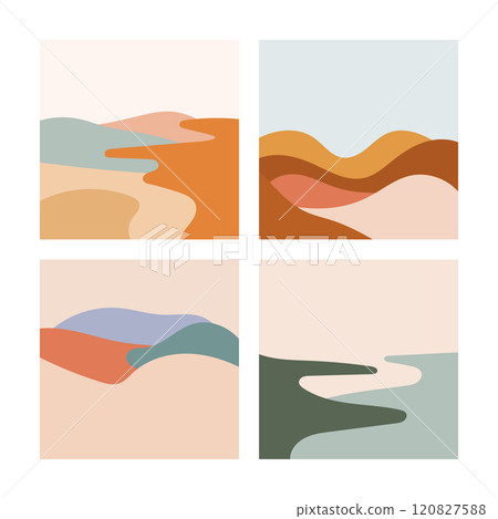 Vector illustration. An abstract landscape in the form of four parts, depicting the warm colors of the desert with smooth curves. Vector illustration. An abstract landscape in the form of four parts, depicting the warm colors of the desert with smooth curves. 120827588