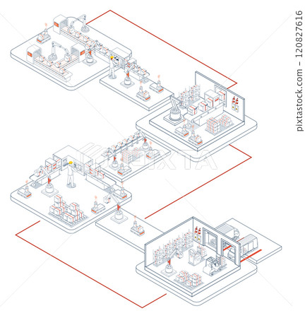 Smart Warehouse Technologies with agv robots, warehouse Automation System and Automated inventory control platforms. Vector illustration EPS 10 120827616