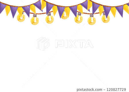 Flag and light bulbs garland seamless border isolated on white. Hand-drawn purple and yellow watercolor horizontal card, baby shower, birthday celebrations, event poster, prints, tape, packages design 120827729