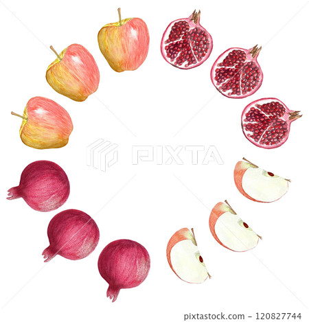 Pomegranate and apple whole and part watercolor wreath isolated on white. Hand-painted illustration perfect for culinary designs, kitchen, prints, cards, juice packages. Autumn harvest clip art 120827744