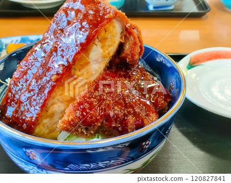 Thickly cut pork loin with sauce and rice 120827841