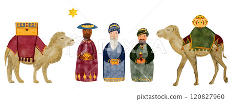 Wise men, camels, magi with gifts, Christmas star seamless border watercolor. Hand painted art for table cloth or runner, tape, celebration of true Christmas, decoration. Cute minimalistic clip art 120827960