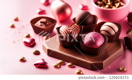 用心形巧克力裝飾的情人節巧克力圖像 120828251