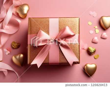 帶有粉紅絲帶的金色禮品盒 120828413