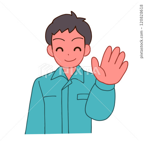 Illustration of a smiling deformed man wearing work clothes saying hello Illustration of a smiling deformed man wearing work clothes saying hello 120828618