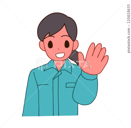 Illustration of a smiling deformed woman in work clothes greeting 120828635