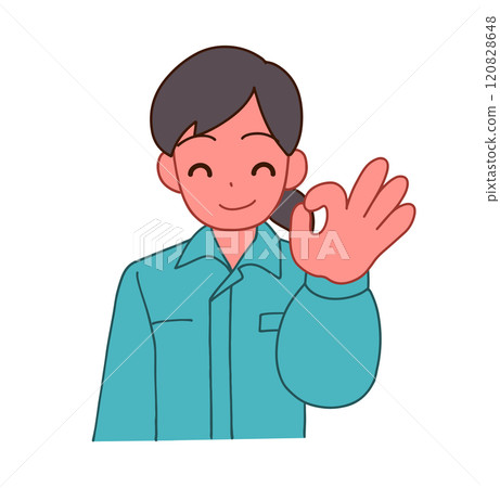 Illustration of a smiling deformed woman wearing work clothes saying OK Illustration of a smiling deformed woman wearing work clothes saying OK 120828648