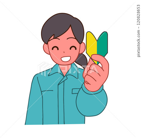 Illustration of a smiling deformed woman wearing work clothes and holding a beginner's mark 120828653