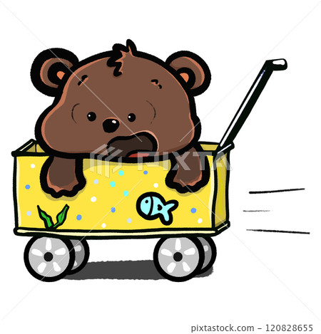 Cartoon bear in a camping trolley cartoon illustration, rushing trolley doodle drawing 120828655