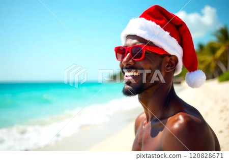 Happy Young Black Man in Santa Clause hat and red sunglasses, against the backdrop of Sea waves, sandy Beach. Winter tourism, Christmas holidays at sea or ocean. Copy Space Happy Young Black Man in Santa Clause hat and red sunglasses, against the backdrop of Sea waves, sandy Beach. Winter tourism, Christmas holidays at sea or ocean. Copy Space 120828671