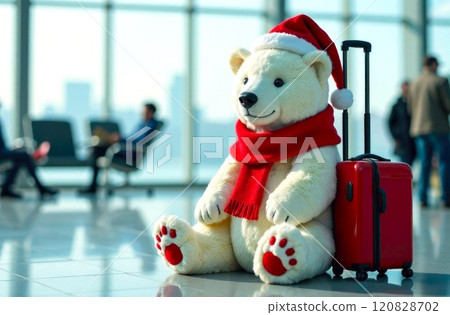 Polar Bear Toy with suitcase inside airport. Funny white Bear in Santa Clause hat and red scarf with luggage waiting for flight. Copy space. Concept of Christmas holidays, Travel and Winter tourism 120828702