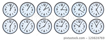 Set of photography of Isolated Minimalist Round Wall Clocks with Black Frames Showing Different Times from 12:05 to 11:05 for Deadline and Time Management Concepts 120828769