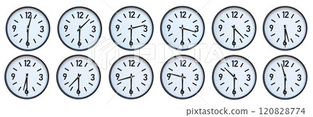 Set of photography of Isolated Minimalist Round Wall Clocks with Black Frames Showing Different Times from 12:30 to 11:30 for Deadline and Time Management Concepts 120828774