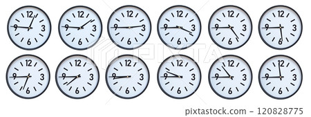 Set of photography of Isolated Minimalist Round Wall Clocks with Black Frames Showing Different Times from 12:45 to 11:45 for Deadline and Time Management Concepts 120828775