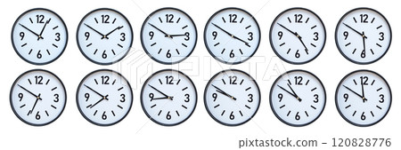 Set of photography of Isolated Minimalist Round Wall Clocks with Black Frames Showing Different Times from 12:50 to 11:50 for Deadline and Time Management Concepts Set of photography of Isolated Minimalist Round Wall Clocks with Black Frames Showing Different Times from 12:50 to 11:50 for Deadline and Time Management Concepts 120828776