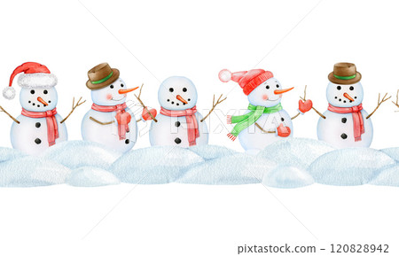 Cute funny snowmen in snowdrifts seamless border decor element on white background. Hand drawn illustration traditional winter outdoor decoration. Perfect for winter season mood design Cute funny snowmen in snowdrifts seamless border decor element on white background. Hand drawn illustration traditional winter outdoor decoration. Perfect for winter season mood design 120828942