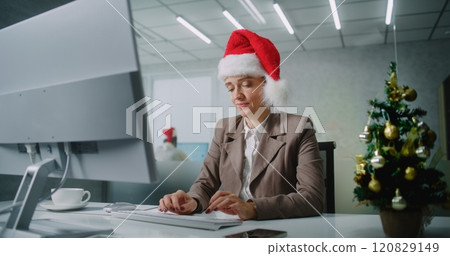 Portrait of successful businesswoman in Christmas hat smiling, looking at camera Portrait of successful businesswoman in Christmas hat smiling, looking at camera 120829149