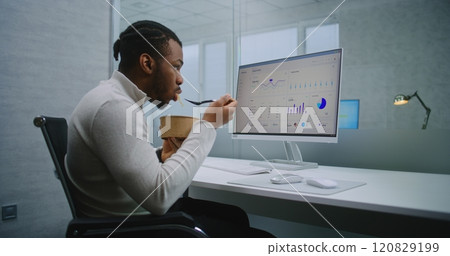 African American E-commerce manager eats food at workplace during lunch break African American E-commerce manager eats food at workplace during lunch break 120829199