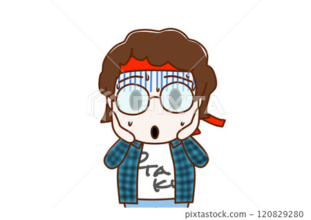 (Front view of upper body) A nerd wearing glasses, pale and sweating, panicking with a face like a clay figurine (Front view of upper body) A nerd wearing glasses, pale and sweating, panicking with a face like a clay figurine 120829280