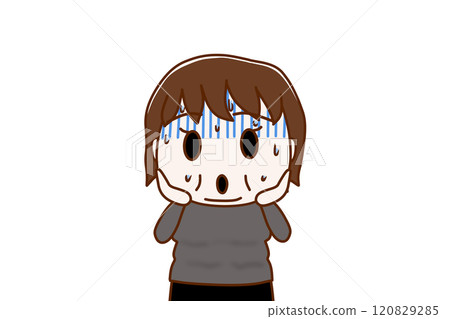 (Front view of upper body) A fat woman with a pale face, cold sweat, and a panicked look on her face. (Front view of upper body) A fat woman with a pale face, cold sweat, and a panicked look on her face. 120829285