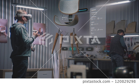 Artisan wearing virtual reality headset assembles furniture using app with AI-based user interface 120829298