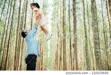 Playful family moment, father holds happy little girl up high, throwing up in sky at park forest. cheerful child enjoy moment playing freedom and joy, while loving dad captures precious memory forever Playful family moment, father holds happy little girl up high, throwing up in sky at park forest. cheerful child enjoy moment playing freedom and joy, while loving dad captures precious memory forever 120829680