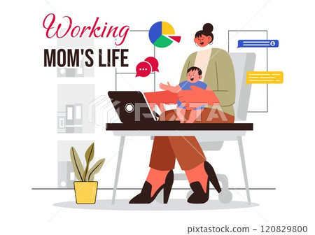 Working Mom's Life Vector Illustration Featuring a Mother Balancing Work and Childcare at Home, Multitasking in a Flat Style Cartoon Background 120829800
