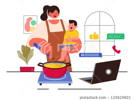 Working Mom's Life Vector Illustration Featuring a Mother Balancing Work and Childcare at Home, Multitasking in a Flat Style Cartoon Background 120829801