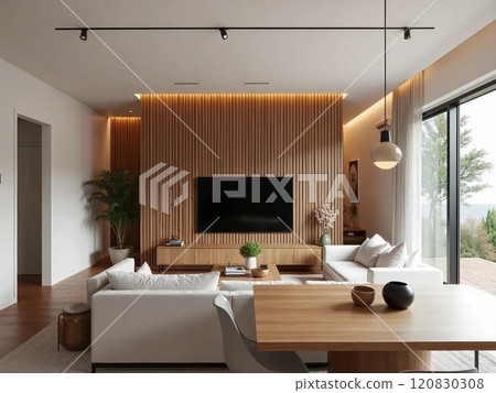 Warm and modern living room Warm and modern living room 120830308