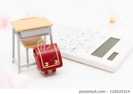 Image of a red school bag and a calculator on a white background 120830324