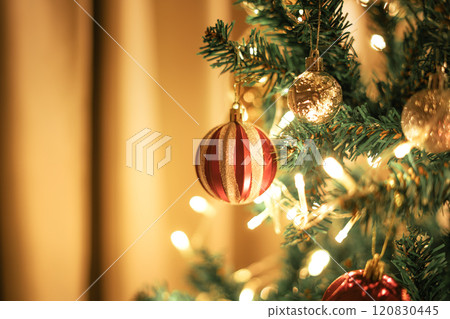 Christmas tree and ball decorations with small lights Christmas tree and ball decorations with small lights 120830445