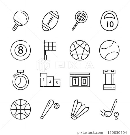 Line Art Icon Set of Sport Equipment Football Volley Ball Tennis Badminton Line Art Icon Set of Sport Equipment Football Volley Ball Tennis Badminton 120830504