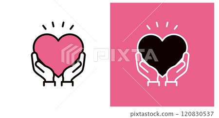 Icon holding a heart from below with both hands _ Hand and heart mark _ Copy space _ Thick line _ Surprise 120830537