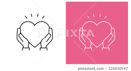 Icon holding a heart with both hands _ Hand and heart mark _ Copy space _ Thin line _ Surprise 120830547
