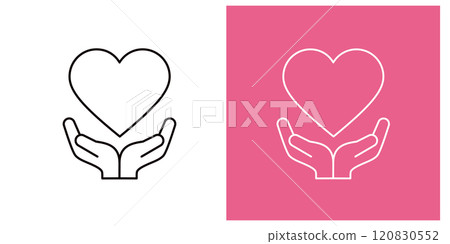 Heart icon floating above hand _ Hand and heart mark _ Copy space _ Thin line 120830552